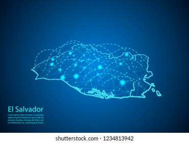 el Salvador map with nodes linked by lines. concept of global communication and business. Dark el Salvador map created from white dots with travel locations or internet connection.