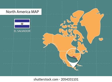 El Salvador map in North America zoom version, icons showing El Salvador location and flags.