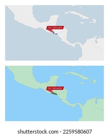 El Salvador map with pin of country capital. Two types of El Salvador map with neighboring countries. Vector template.