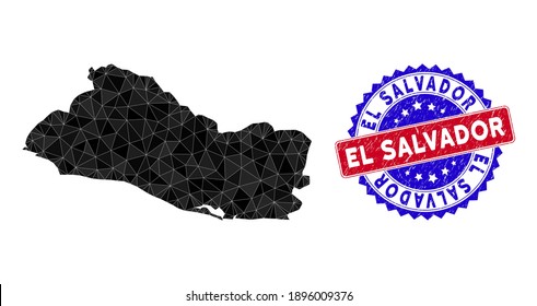 El Salvador map polygonal mesh with filled triangles, and rubber bicolor rubber seal. Triangle mosaic El Salvador map with mesh vector model, triangles have different sizes, and positions,