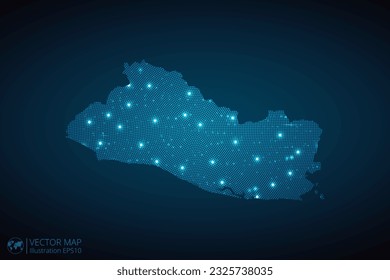 El Salvador map radial dotted pattern in futuristic style, design blue circle glowing outline made of stars. concept of communication on dark blue background. Vector EPS10