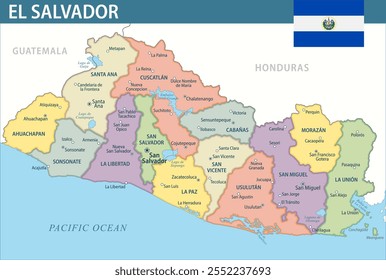 El Salvador Landkarte Vektor Neu 2024 Bunte - Anpassbare schichtweise politische Karte von El Salvador mit administrativen Abteilungen für Website, Bildung, Berichte, Nachrichten, Politik, Druck, Poster und Tapete