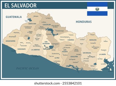 El Salvador Map Vector Vintage Dark Blue Beige - Customizable layered political map of El Salvador with administrative divisions for website, education, reports, news, politics, print, poster and wall