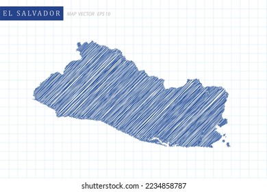 El Salvador Map - World Map International vector template with blue outline graphic and pen drawing sketch style isolated on white grid background for design, website - Vector illustration eps 10