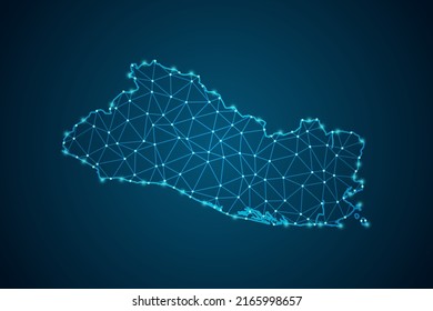 Mapa de El Salvador - Línea de máscaras del Mapa Mundial y escalas puntuales sobre fondo de tecnología azul. Malla 3D del marco de cables línea de red poligonal, esfera de diseño, punto y estructura - Ilustración vectorial eps 10