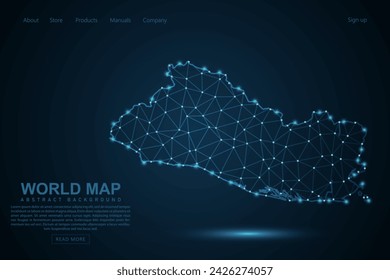 Mapa de El Salvador - Mapa del Mundo línea de masa y escalas de puntos sobre fondo azul de la tecnología. Línea de red poligonal de malla 3D de marco de alambre, esfera de diseño, punto y estructura - Ilustración vectorial eps 10