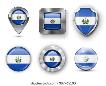 El Salvador Metal and Glass Flag Badges, Buttons, Map marker pin and Shields. Vector illustrations