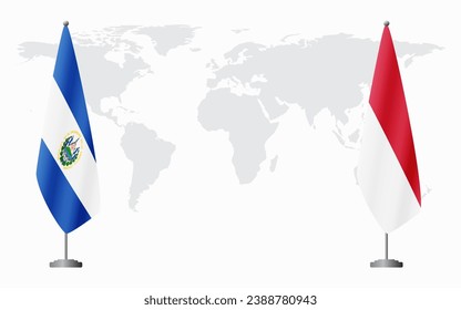 El Salvador and Monaco flags for official meeting against background of world map.