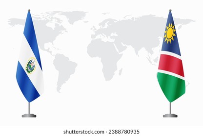 El Salvador and Namibia flags for official meeting against background of world map.