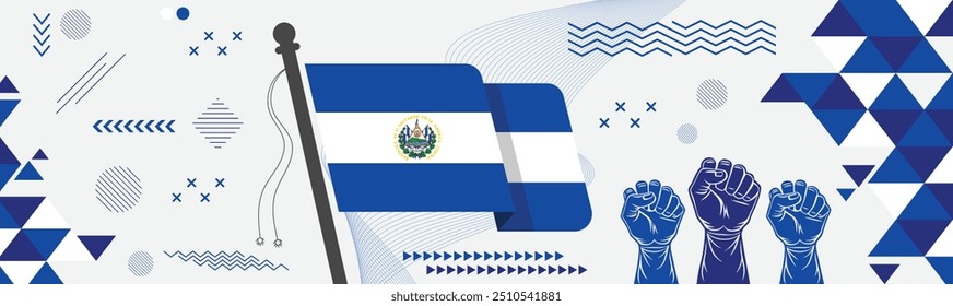 Banner do dia nacional de El Salvador com a bandeira de El Salvador com punhos levantados e um fundo abstrato geométrico, simbolizando força, unidade e orgulho na independência da nação