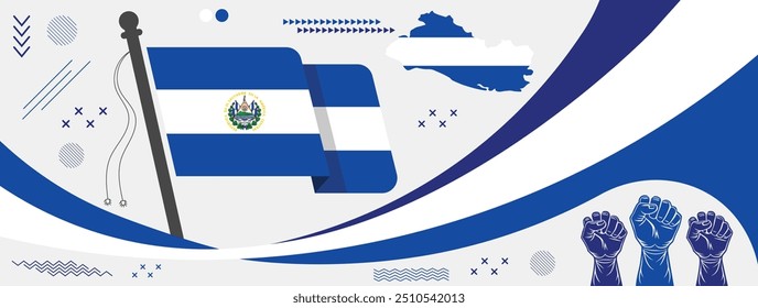 Anuncio del día nacional de El Salvador con la bandera y el mapa de El Salvador, celebrando la independencia del país, la rica cultura y el orgullo nacional, perfecto para eventos y festividades patrióticas