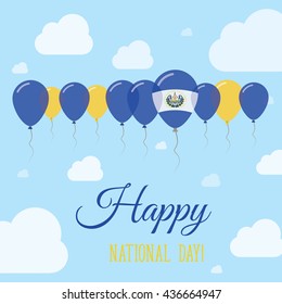El Salvador National Day Flat Patriotic Poster. Row of Balloons in Colors of the Salvadoran flag. Happy National Day El Salvador Card with Flags, Balloons, Clouds and Sky.