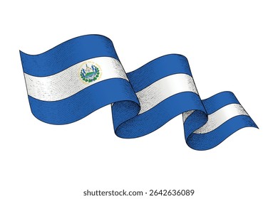 El Salvador national flag waving ribbon shape with engraved vintage texture