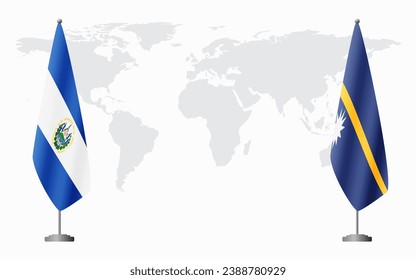 El Salvador and Nauru flags for official meeting against background of world map.