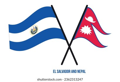 El Salvador and Nepal Flags Crossed And Waving Flat Style. Official Proportion. Correct Colors.