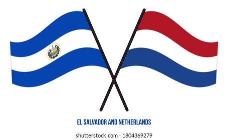 El Salvador and Netherlands Flags Crossed And Waving Flat Style. Official Proportion. Correct Colors.