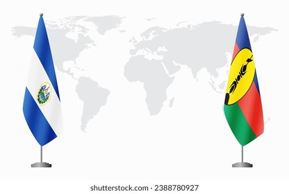 El Salvador and New Caledonia flags for official meeting against background of world map.