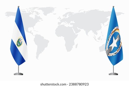 El Salvador and Northern Mariana Islands flags for official meeting against background of world map.