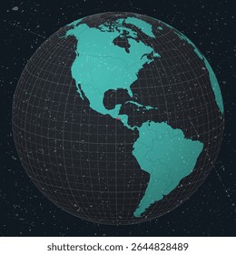 El Salvador on Globe. Vintage look with grunge scratched texture. Country view on world map in Dark Charcoal Turquoise color palette. El Salvador shape on map. Globe with meridians and parallels.