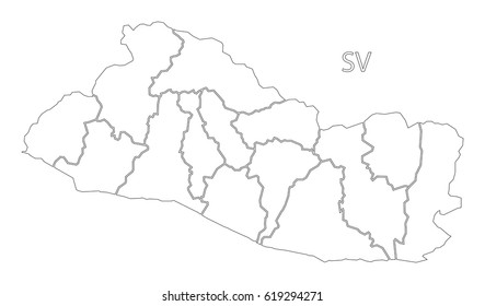 El Salvador outline silhouette map illustration with departments