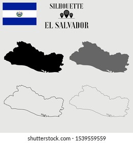 El Salvador outline world map, solid, dash line contour silhouette, national flag vector illustration design, isolated on background, objects, symbol from countries set