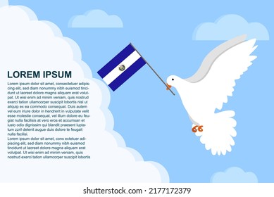El Salvador peace concept with text area, Dove of Peace bird with El Salvador flag in its beak, dove flying in the clouds, vector illustration design, El Salvador peace day template, freedom idea