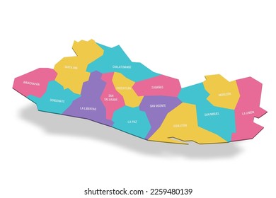 El Salvador political map of administrative divisions - departments. 3D colorful vector map with name labels.