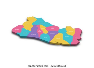 Mapa político de divisiones administrativas - departamentos de El Salvador. Mapa vectorial 3D colorido con sombra caída y etiquetas de nombre de país.