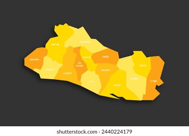 El Salvador mapa político de divisiones administrativas - departamentos. Mapa vectorial plano de sombra amarilla con etiquetas de nombre y sombra caída aislada sobre fondo gris oscuro.