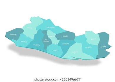 El Salvador mapa político das divisões administrativas - departamentos. Mapa de vetor turquesa 3D com rótulos de nome.