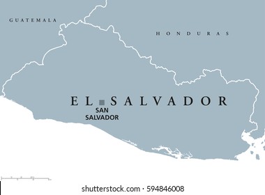 Mapa político de El Salvador con la capital San Salvador, fronteras nacionales y vecinos. República y país en Centroamérica. Ilustración gris aislada en fondo blanco. Etiquetado en inglés. Vector.