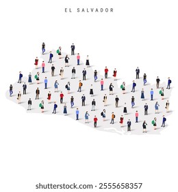 El Salvador population map. Large group of realistic a diverse crowd of people figures in a shape of Salvadoran map. Flat vector illustration isolated on white.