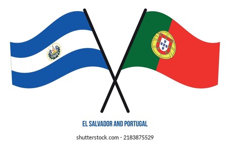 El Salvador and Portugal Flags Crossed And Waving Flat Style. Official Proportion. Correct Colors.