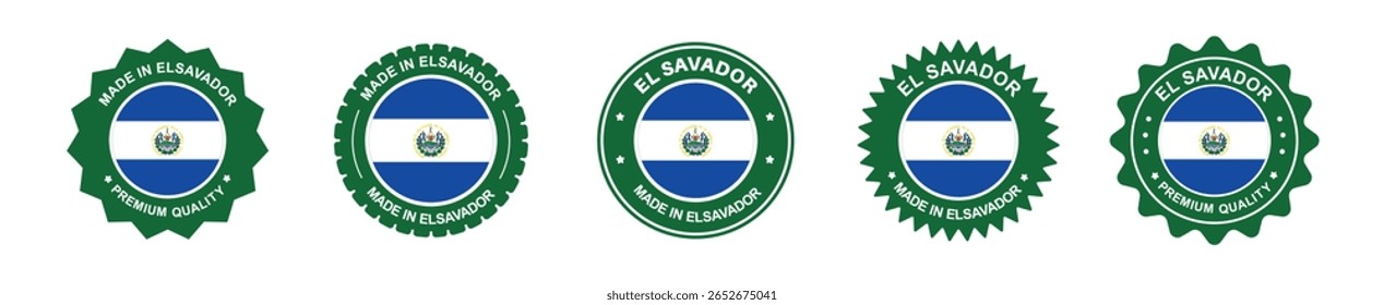 Conjunto de etiquetas de produto de El Salvador. Bandeira de El Salvador, prêmio feito em El Salvador. Etiquetas, selos, carimbos, bandeiras, ícones