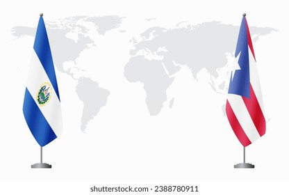 El Salvador and Puerto Rico flags for official meeting against background of world map.