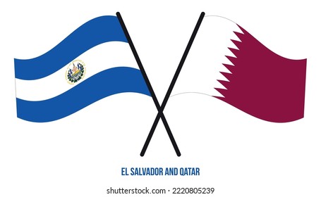 Banderas de El Salvador y Qatar cruzadas y ondeando estilo plano. Proporción oficial. Colores correctos.