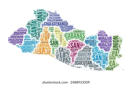 El Salvador region word cloud. Country shape design. El Salvador colored illustration. Region names collage cloud. Vector illustration.