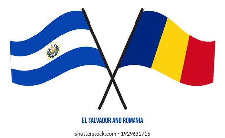 El Salvador and Romania Flags Crossed And Waving Flat Style. Official Proportion. Correct Colors.