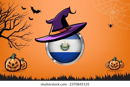el salvador round flag with Happy Halloween banner or party invitation background. bats, spiders and pumpkins, orange background