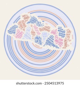 El Salvador Round Poster. Typography style image of Country. Regions word clouds of El Salvador. Vintage image design with scratch texture.