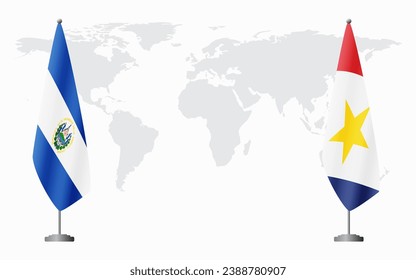 El Salvador and Saba flags for official meeting against background of world map.