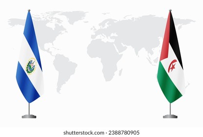 El Salvador and Sahrawi Arab Democratic Republic flags for official meeting against background of world map.