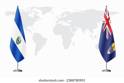 El Salvador and Saint Helena flags for official meeting against background of world map.