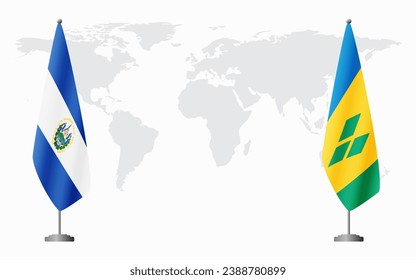 El Salvador and Saint Vincent and the Grenadines flags for official meeting against background of world map.