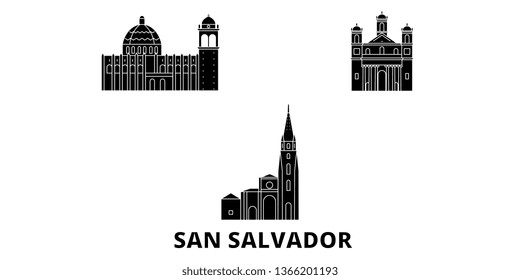 El Salvador, San Salvador flat travel skyline set. El Salvador, San Salvador black city vector illustration, symbol, travel sights, landmarks.