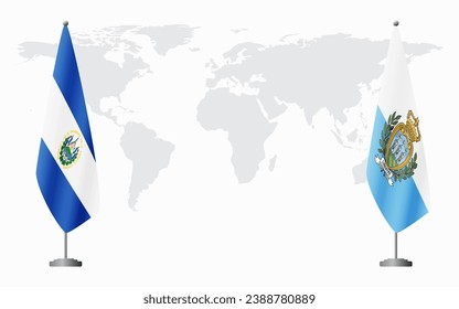 El Salvador and San Marino flags for official meeting against background of world map.