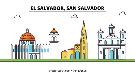 El Salvador, San Salvador outline city skyline, linear illustration, banner, travel landmark, buildings silhouette,vector