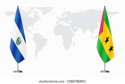 El Salvador and Sao Tome and Principe flags for official meeting against background of world map.