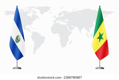 El Salvador and Senegal flags for official meeting against background of world map.