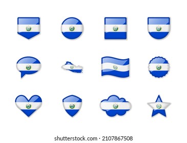 El Salvador - set of shiny flags of different shapes. Vector illustration